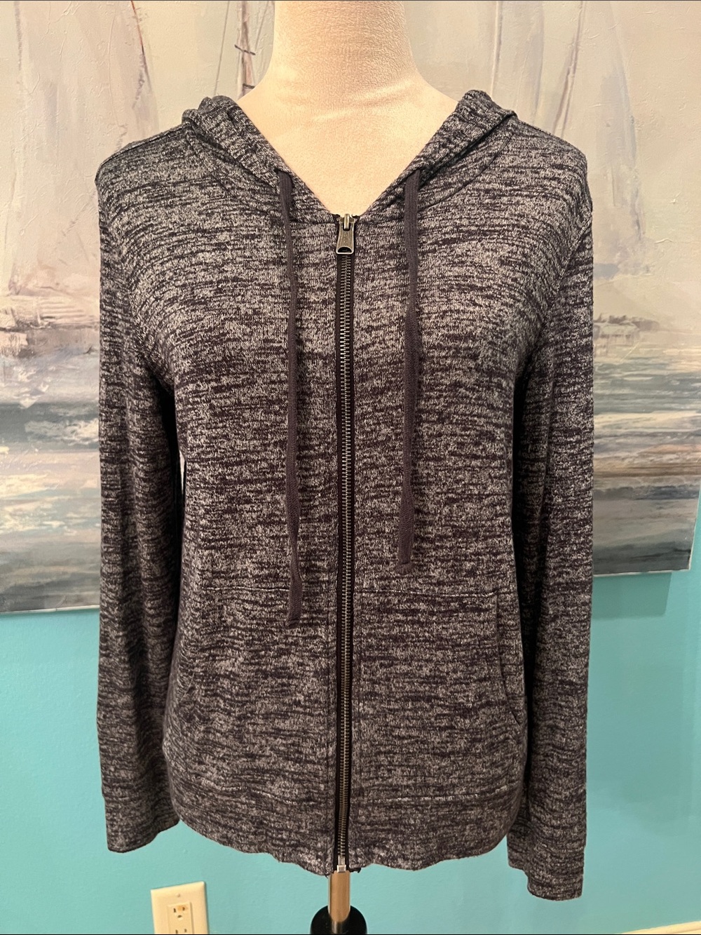 Lucky Brand Women’s Charcoal Marled Hooded Knit Top, Small